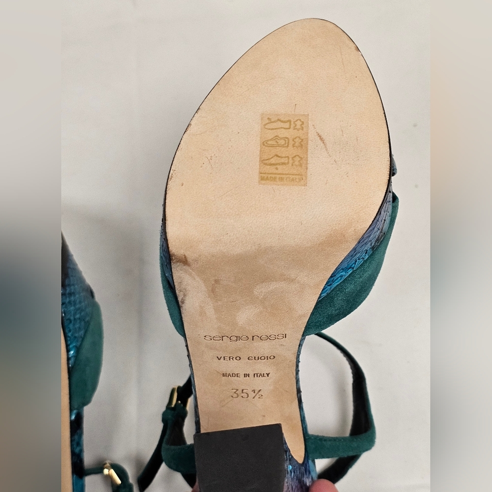 Sergio Rossi Elaphe Blue/Green Suede and Python Leather Platform Size US 5.5 - Picture 12 of 16